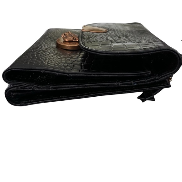 Sharif Croc-Embossed Black Leather Crossbody Bag with Gold Tiger Clasp - Picture 6 of 6